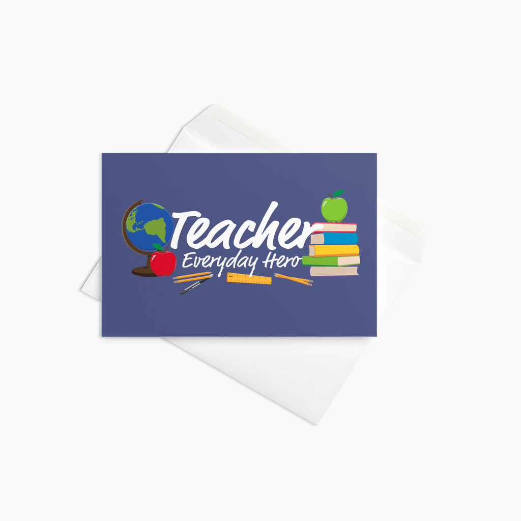 Card with 'Teacher Everyday Hero' text and teacher-themed symbols on a white background