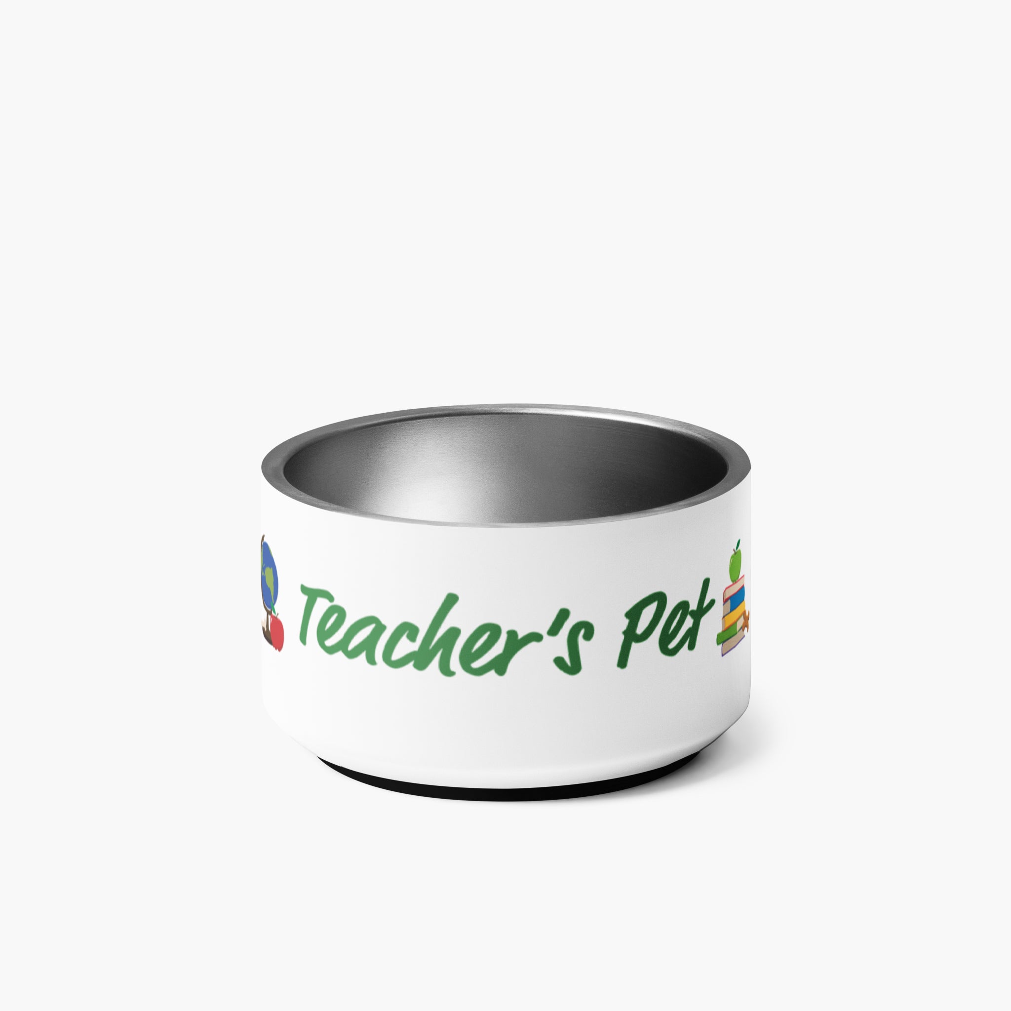 White pet bowl with 'Teacher's Pet' text on a white background