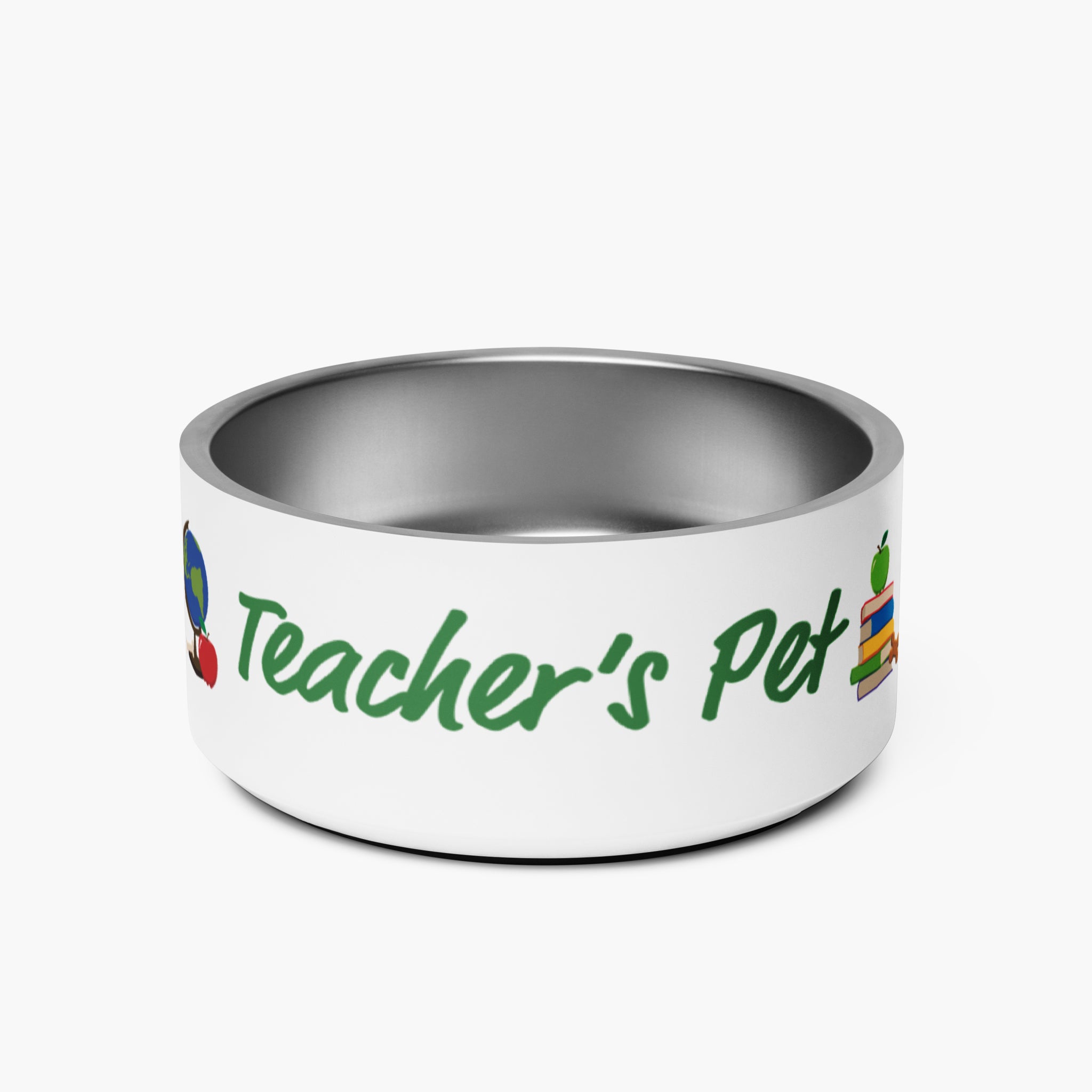 Dog bowl with 'Teacher's Pet' text and graphics on a white background