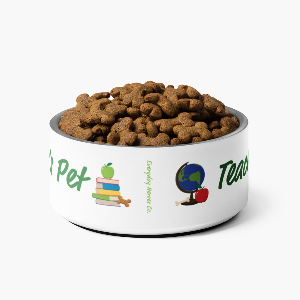 White bowl with pet food and text 'Teacher's Pet' on a white background