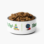 White bowl with pet food and text 'Teacher's Pet' on a white background