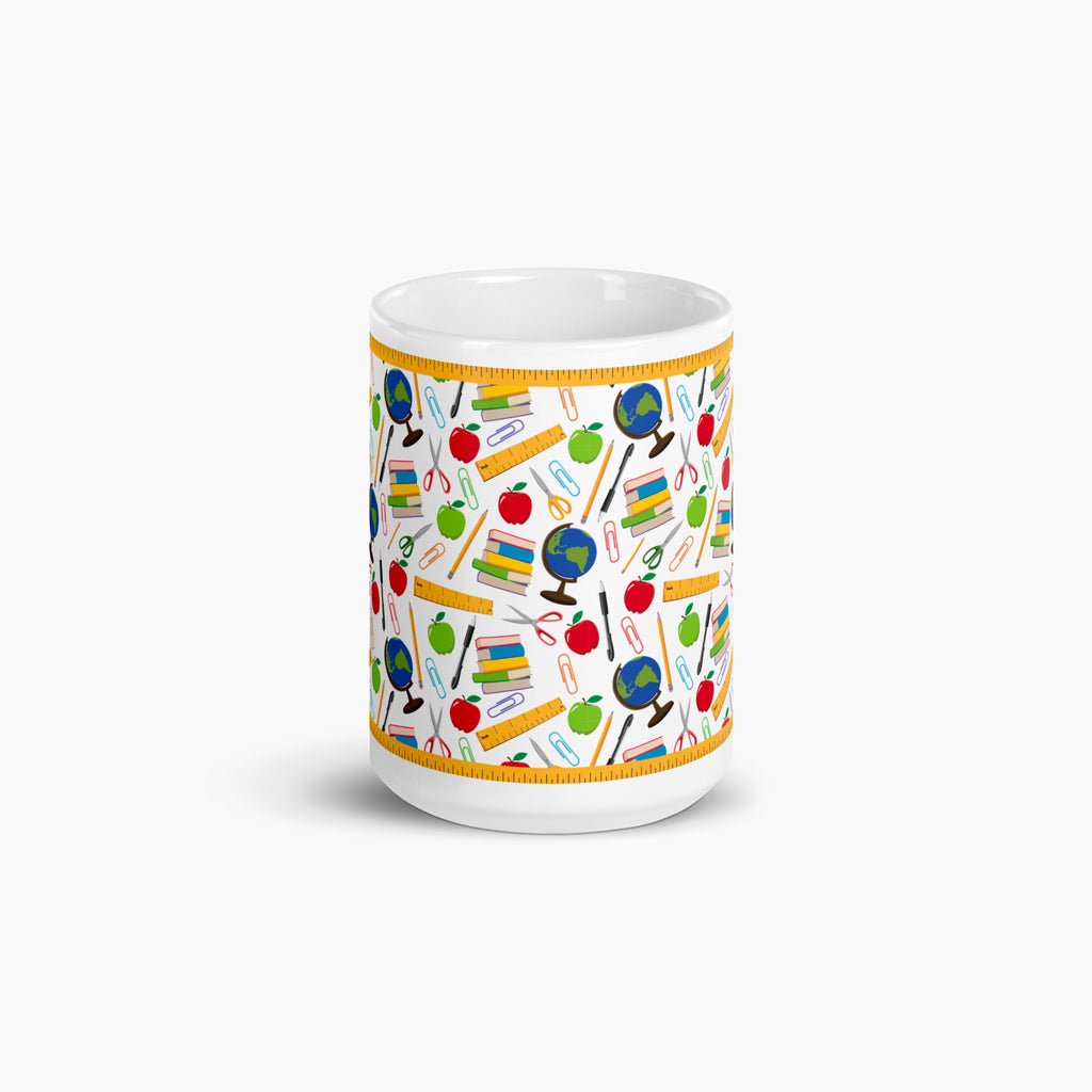 White mug with colorful teacher-themed pattern on a white background