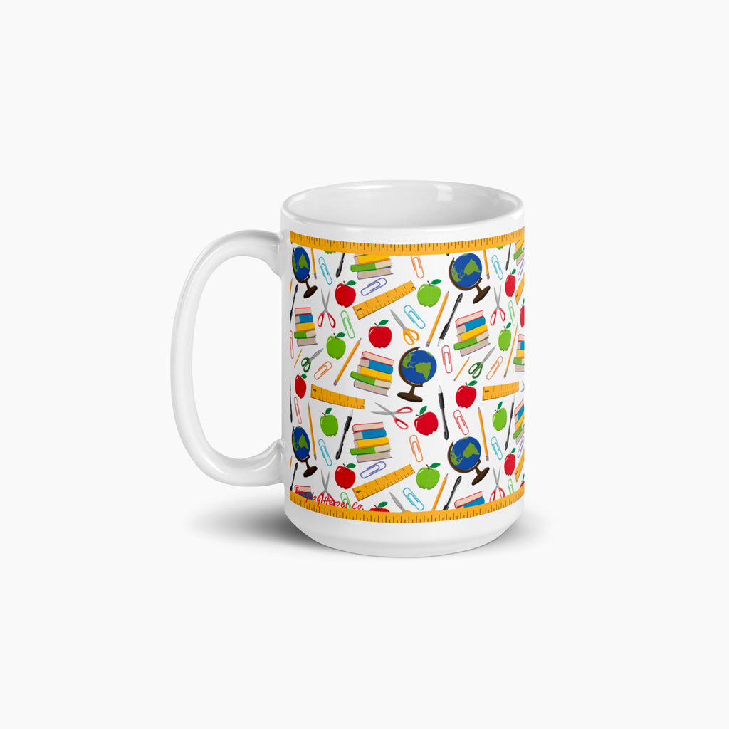 White mug with colorful teacher-themed pattern on a white background