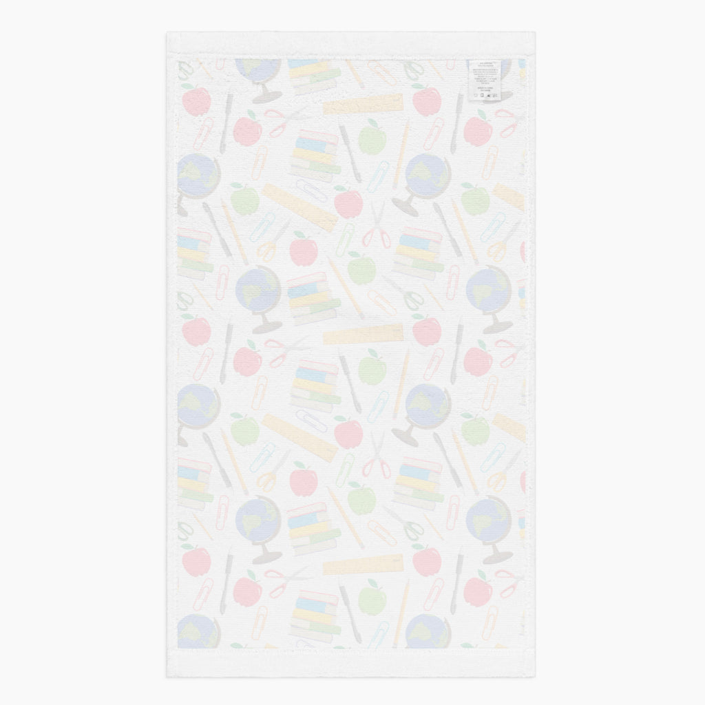 White back of Cloth kitchen hand towel with teacher-themed pattern on a white background