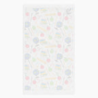 White back of Cloth kitchen hand towel with teacher-themed pattern on a white background