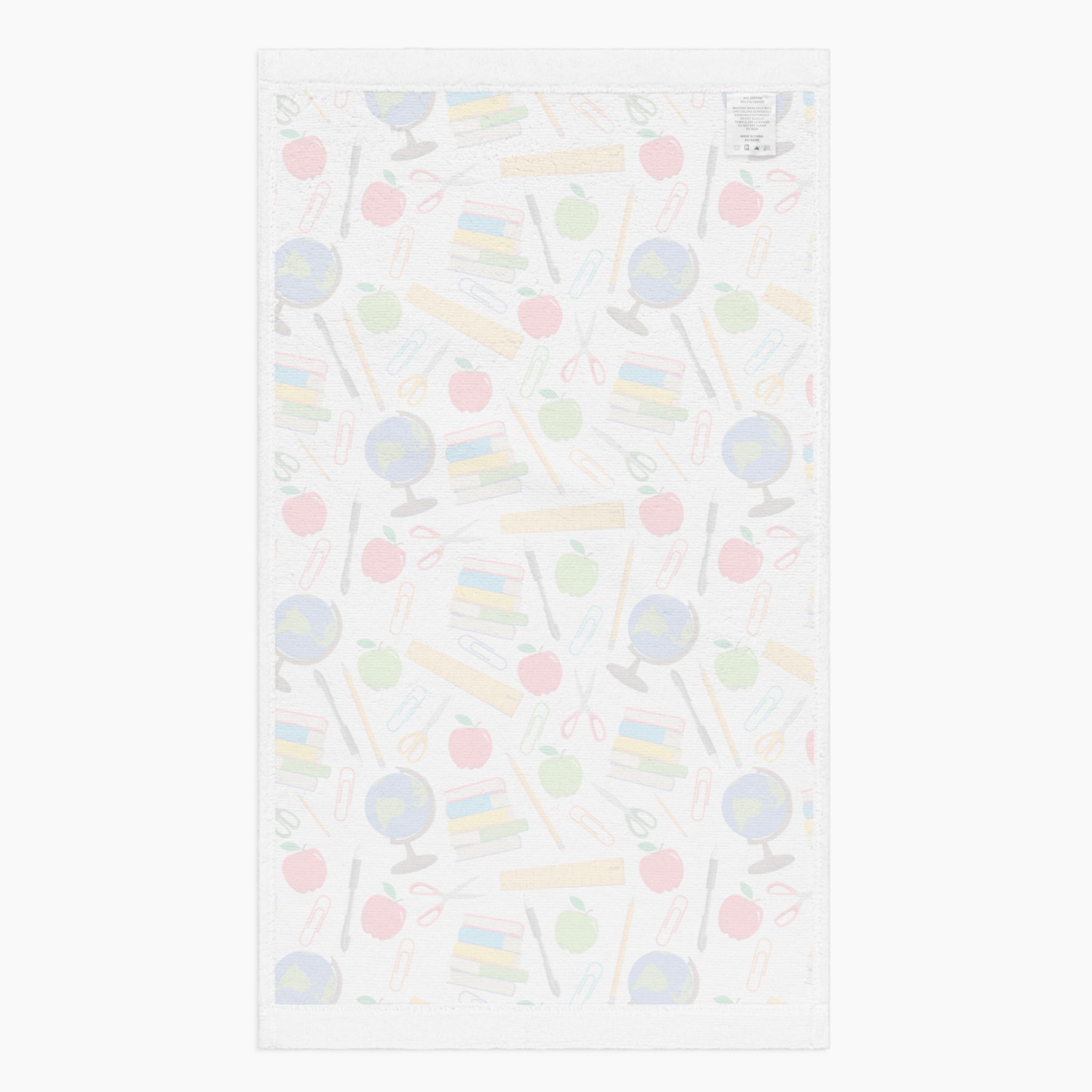 White back of Cloth kitchen hand towel with teacher-themed pattern on a white background