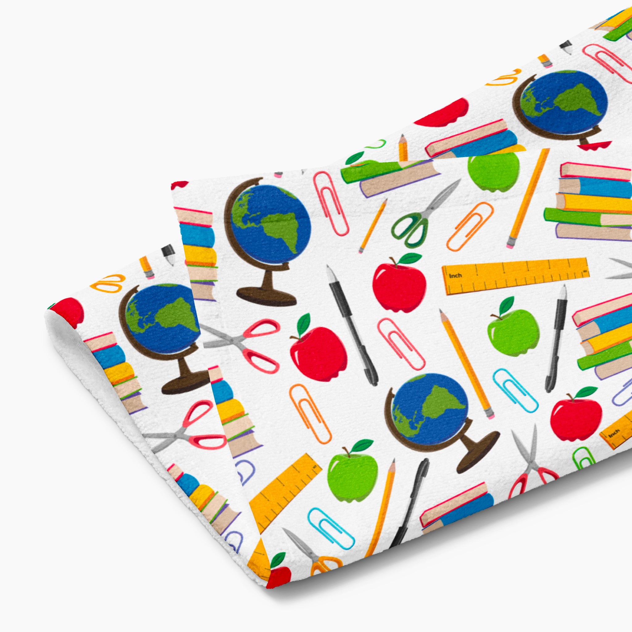 Cloth kitchen hand towel with teacher-themed pattern on a white background