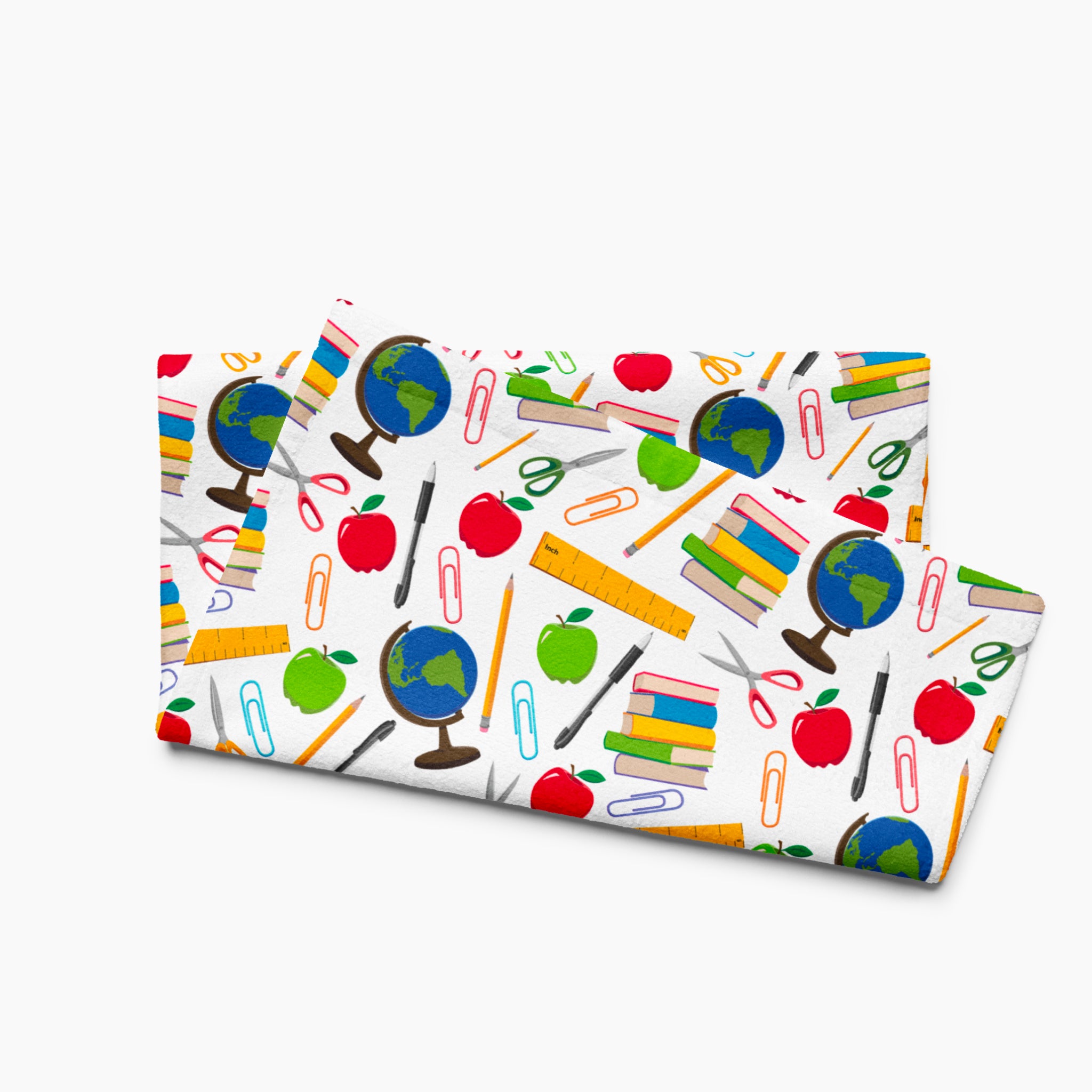 Cloth kitchen hand towel with teacher-themed pattern on a white background