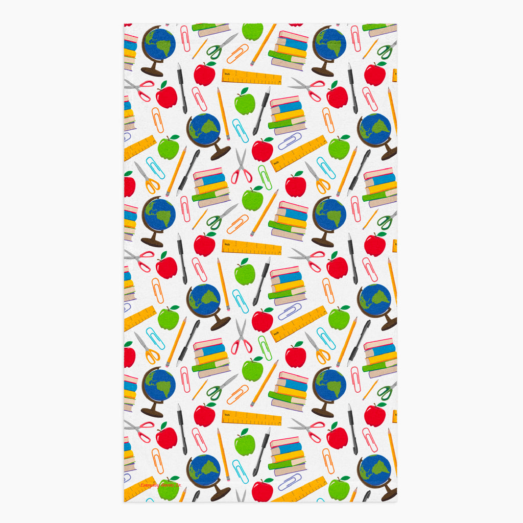 Cloth kitchen hand towel with teacher-themed pattern on a white background