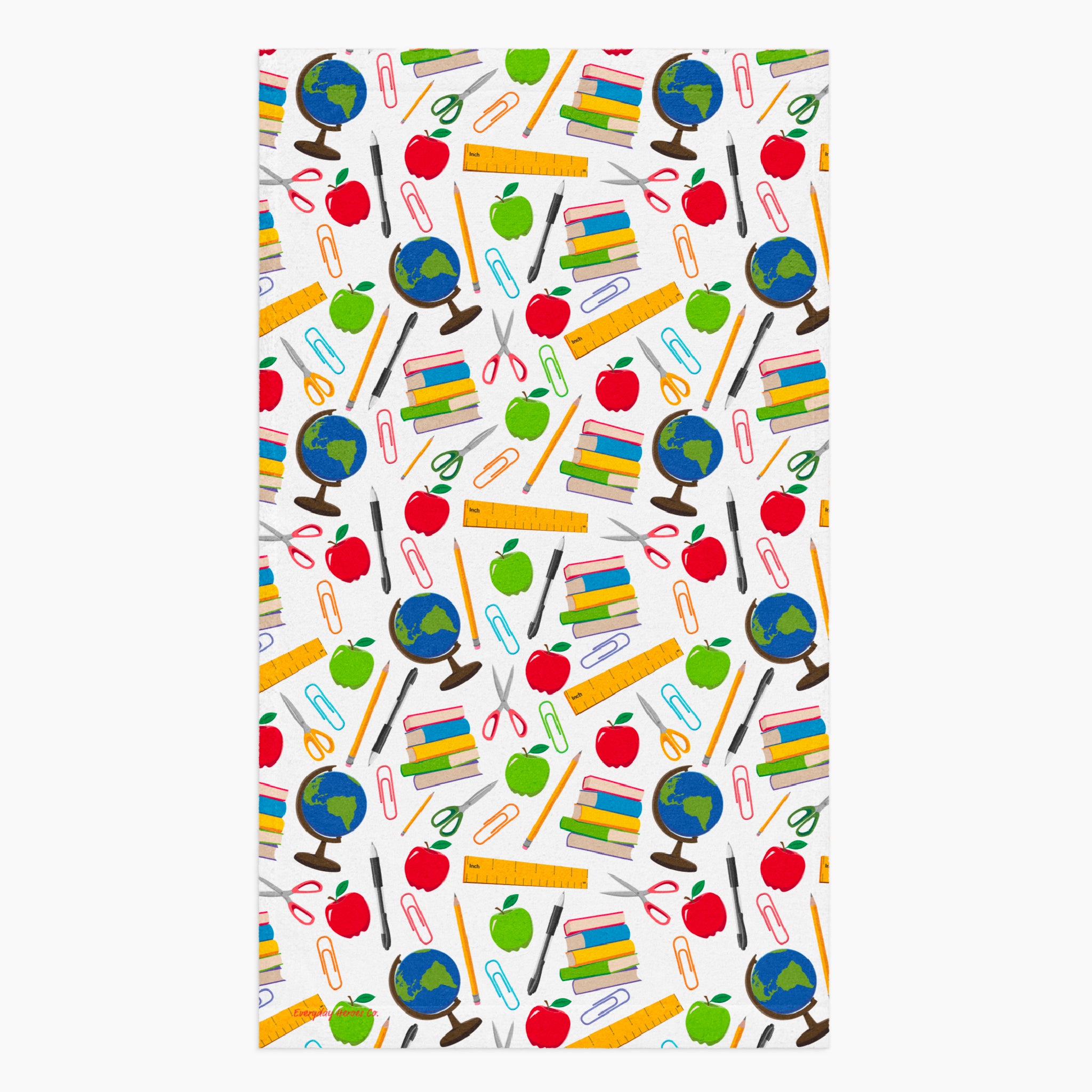 Cloth kitchen hand towel with teacher-themed pattern on a white background