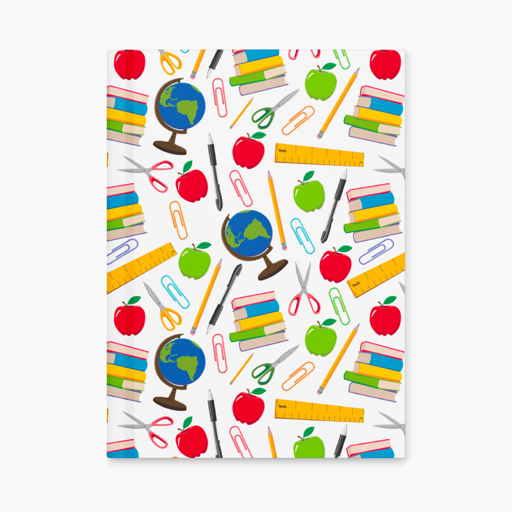 Hardcover journal with teacher-themed patterned front cover design on a white background