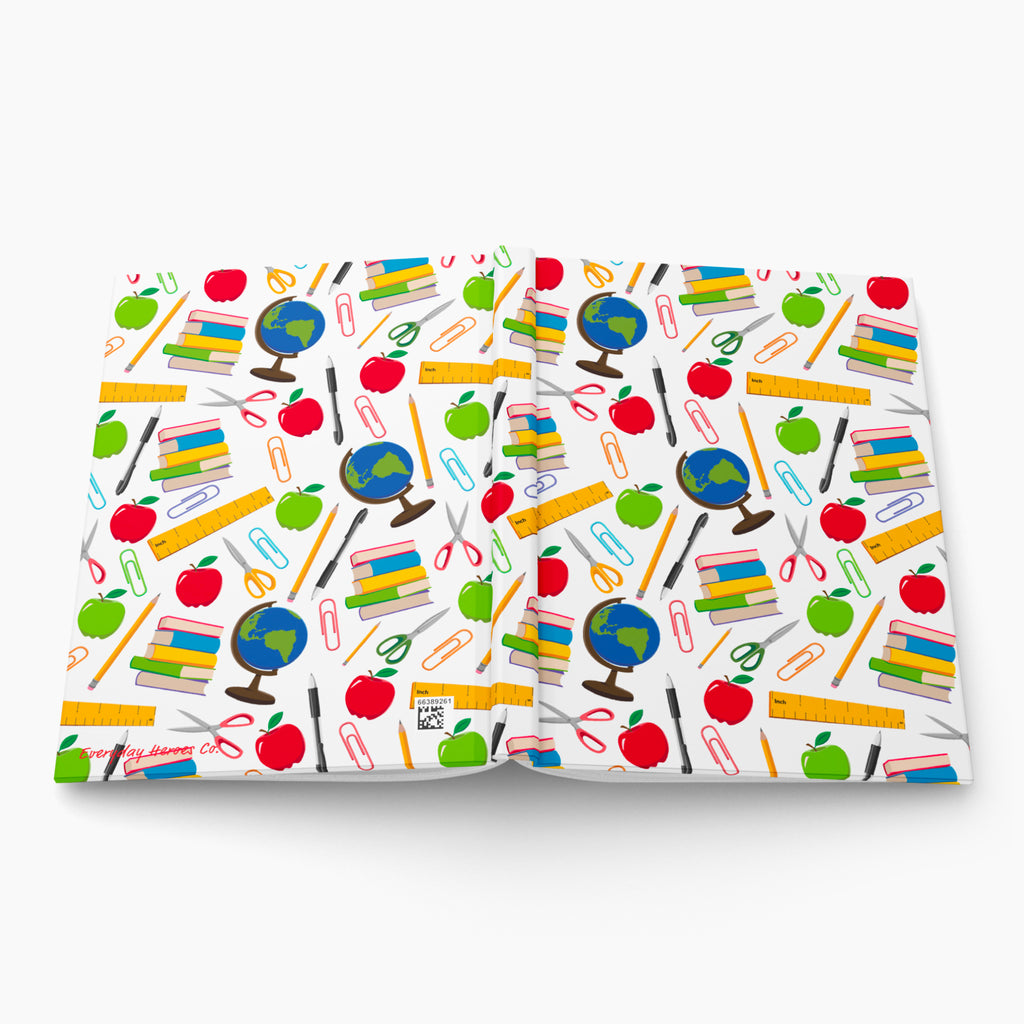 Hardcover journal with teacher-themed patterned cover design on a white background