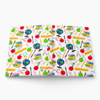 Hardcover journal with teacher-themed patterned cover design on a white background