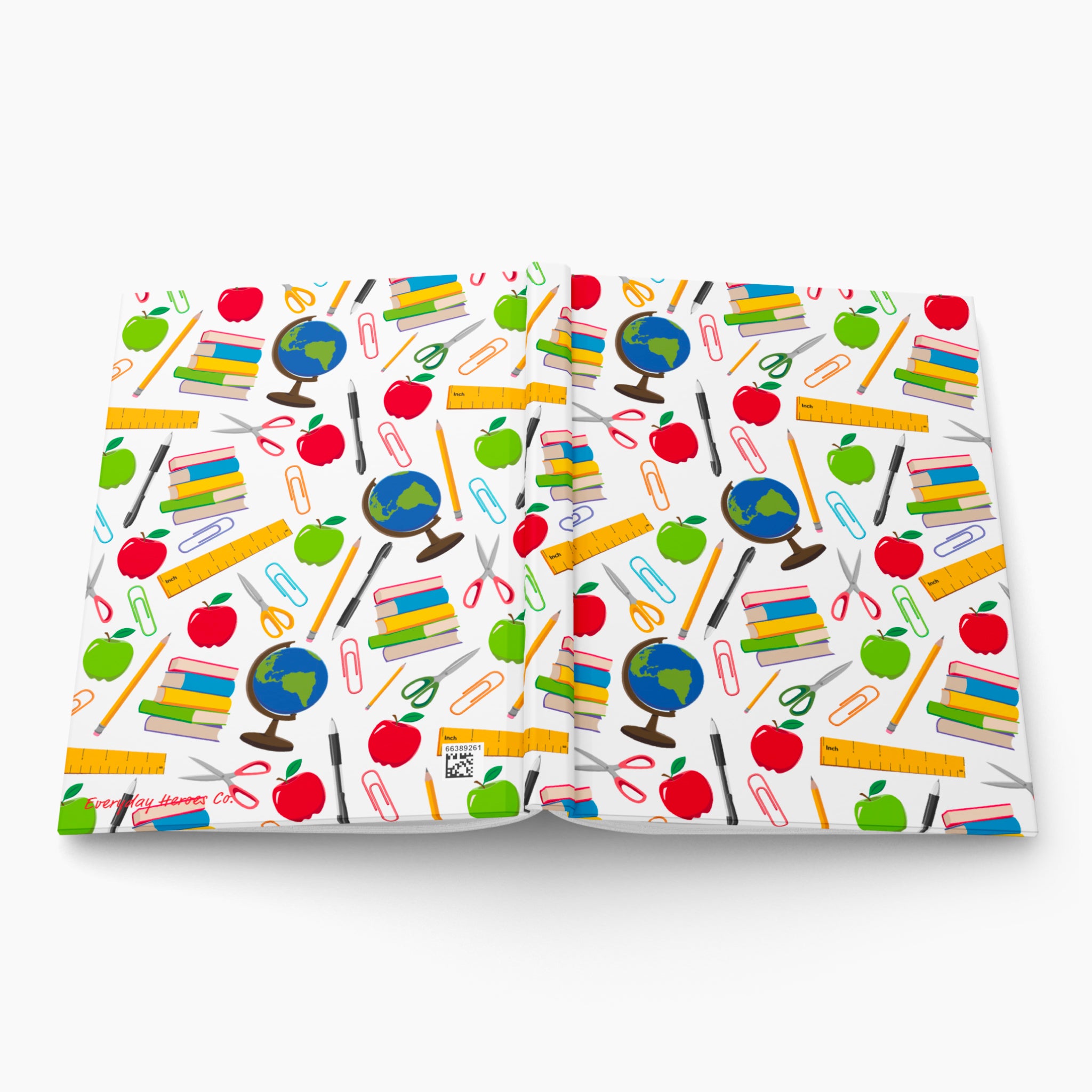 Hardcover journal with teacher-themed patterned cover design on a white background