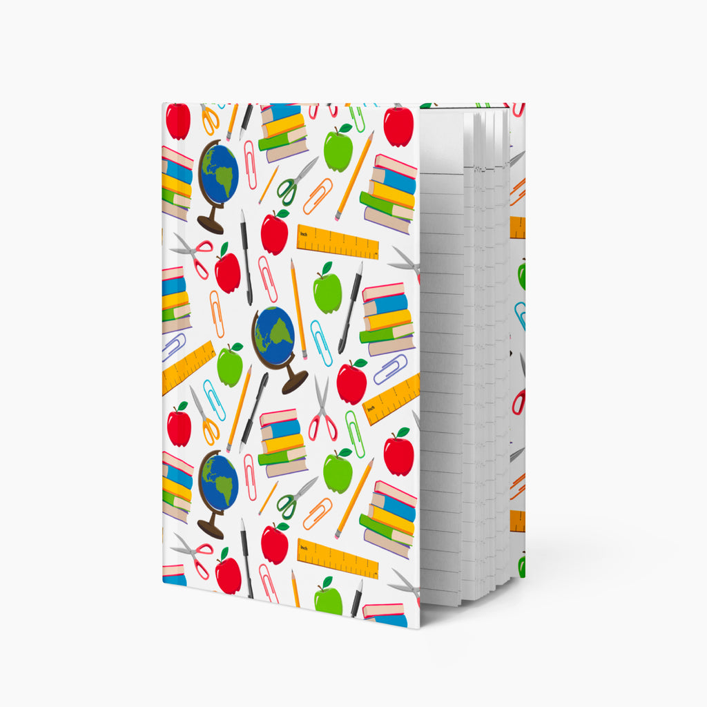 Hardcover journal with teacher-themed cover design and lined pages on a white background