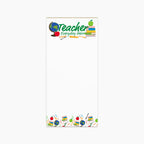 Notepad with 'Teacher Everyday Hero' text and educational graphics on a white background