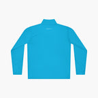 Back of Cyan long-sleeve quarter zip with 'Everyday Heroes Co' text and teacher-themed design on a white background