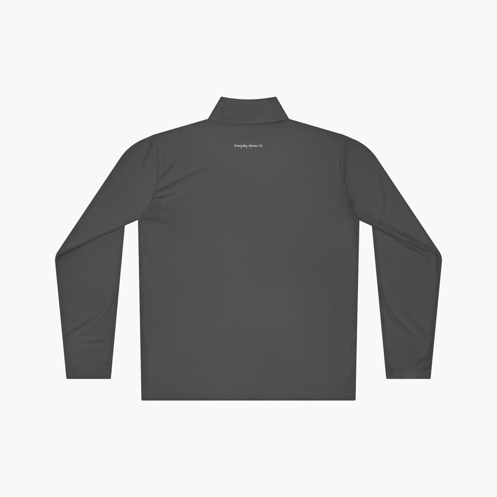 Back of Dark Grey long-sleeve quarter zip with 'Everyday Heroes Co' text and teacher-themed design on a white background