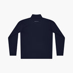 Back of Navy long-sleeve quarter zip with 'Everyday Heroes co' text and teacher-themed design on a white background