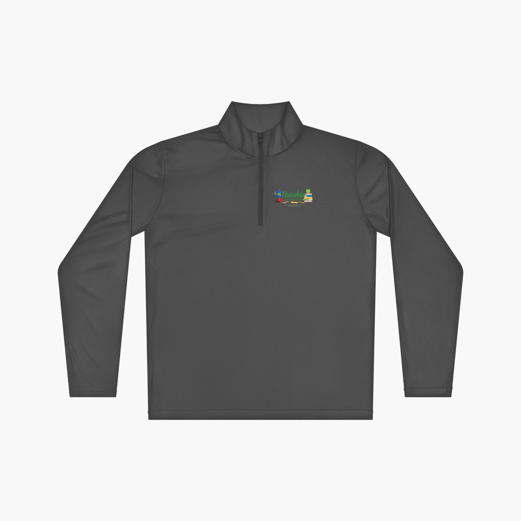 Dark grey long-sleeve quarter zip with 'Teacher Everyday Hero' text and teacher-themed design on a white background