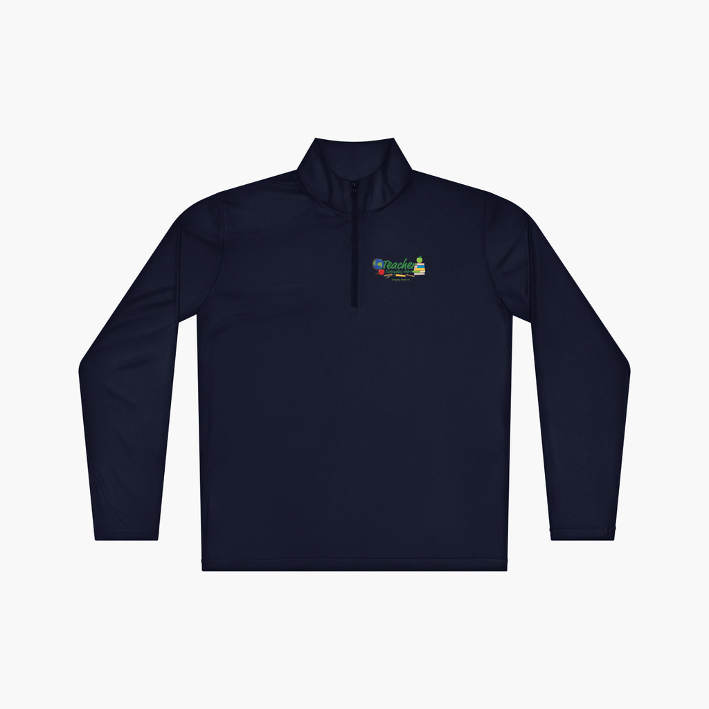 Navy long-sleeve quarter zip with 'Teacher Everyday Hero' text and teacher-themed design on a white background