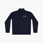 Navy long-sleeve quarter zip with 'Teacher Everyday Hero' text and teacher-themed design on a white background