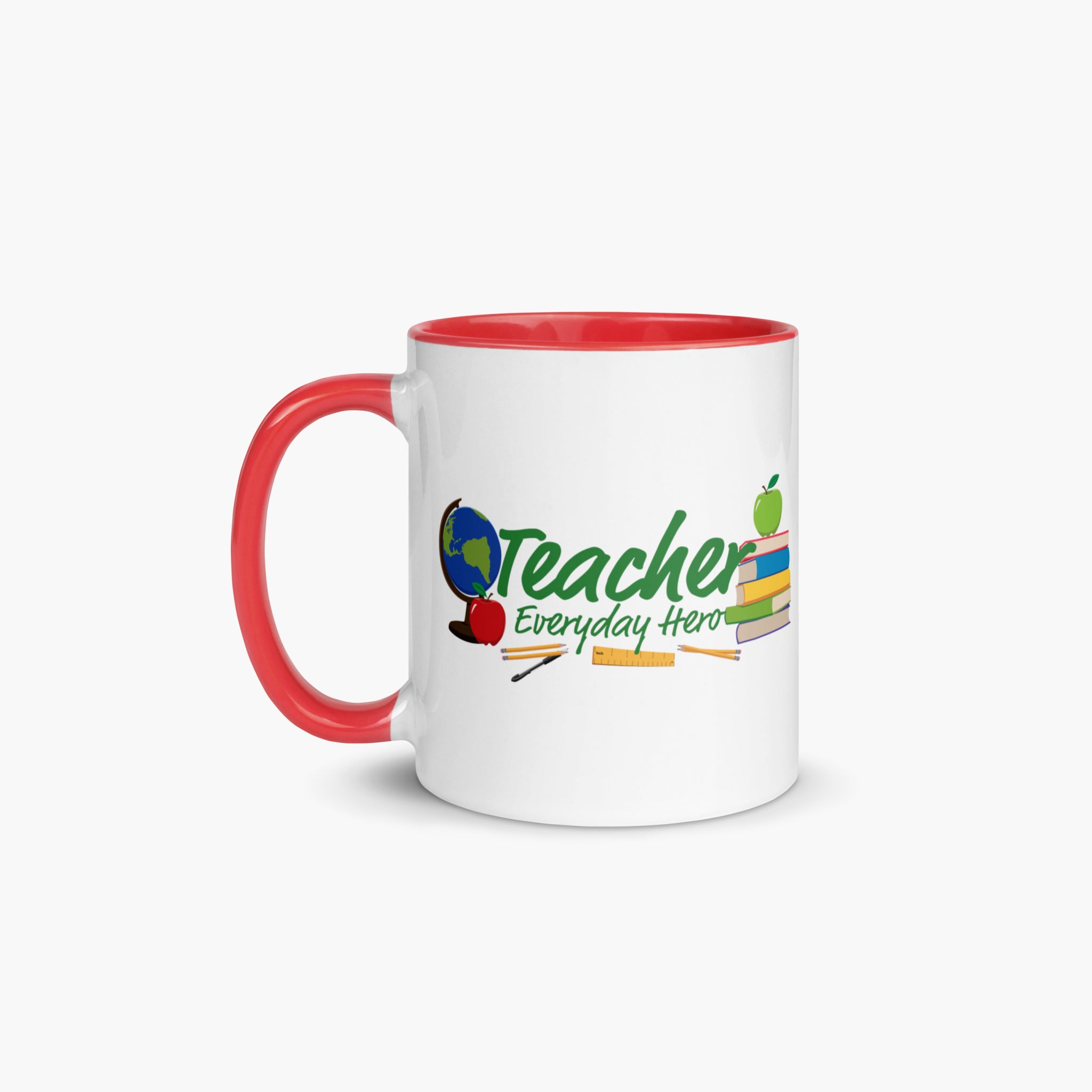 Mug with red handle and interior featuring 'Teacher Everyday Hero' text and colorful flowers on a white background
