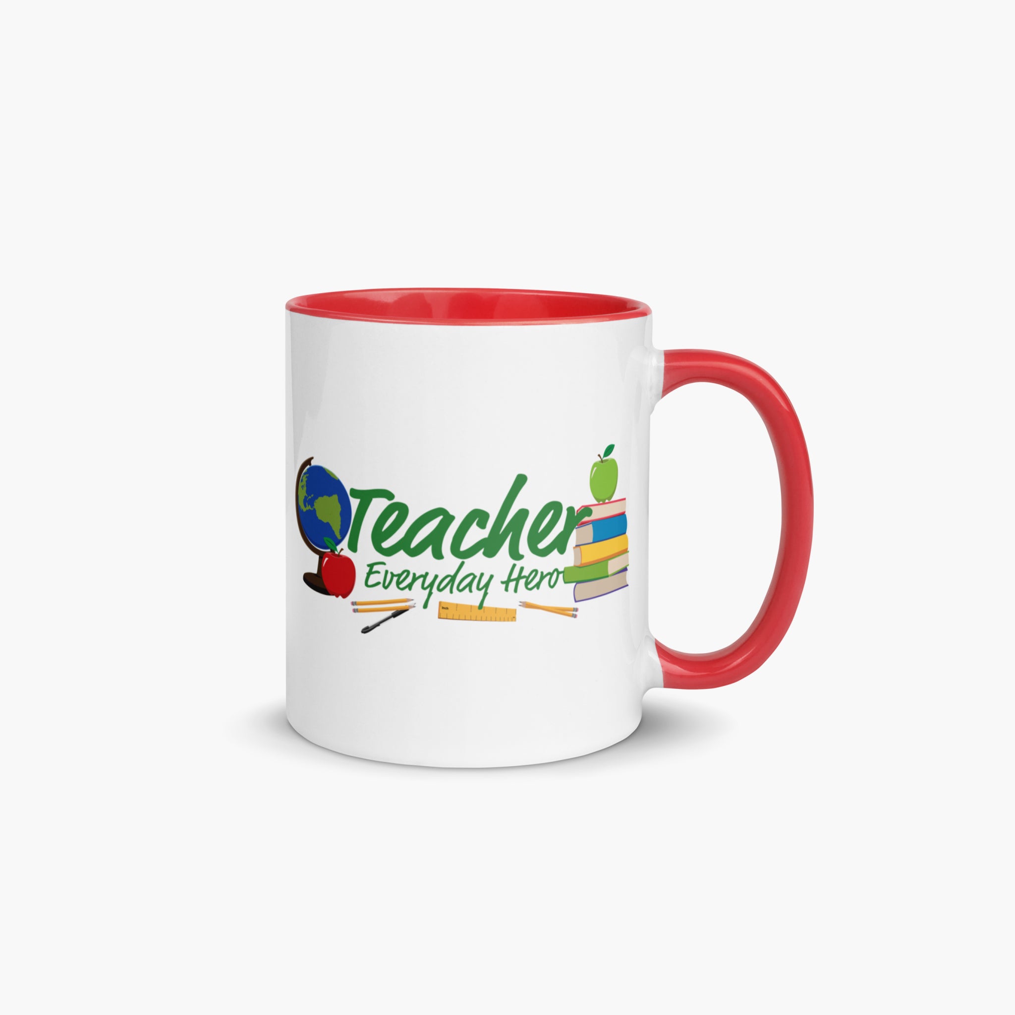Mug with red handle and interior featuring 'Teacher Everyday Hero' text and colorful flowers on a white background