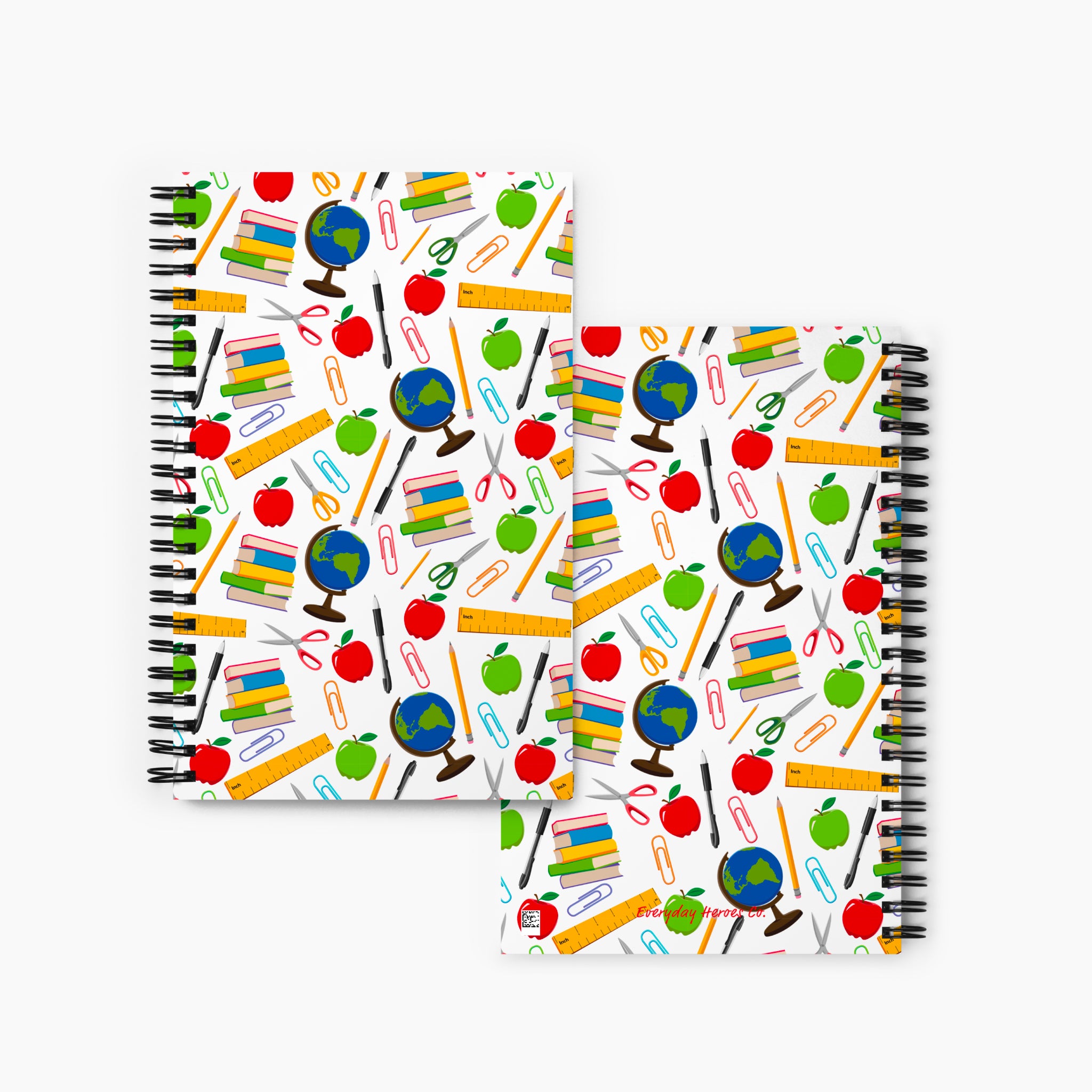 Front and Back covers of  spiral notebooks with teacher-themed cover design on a white background