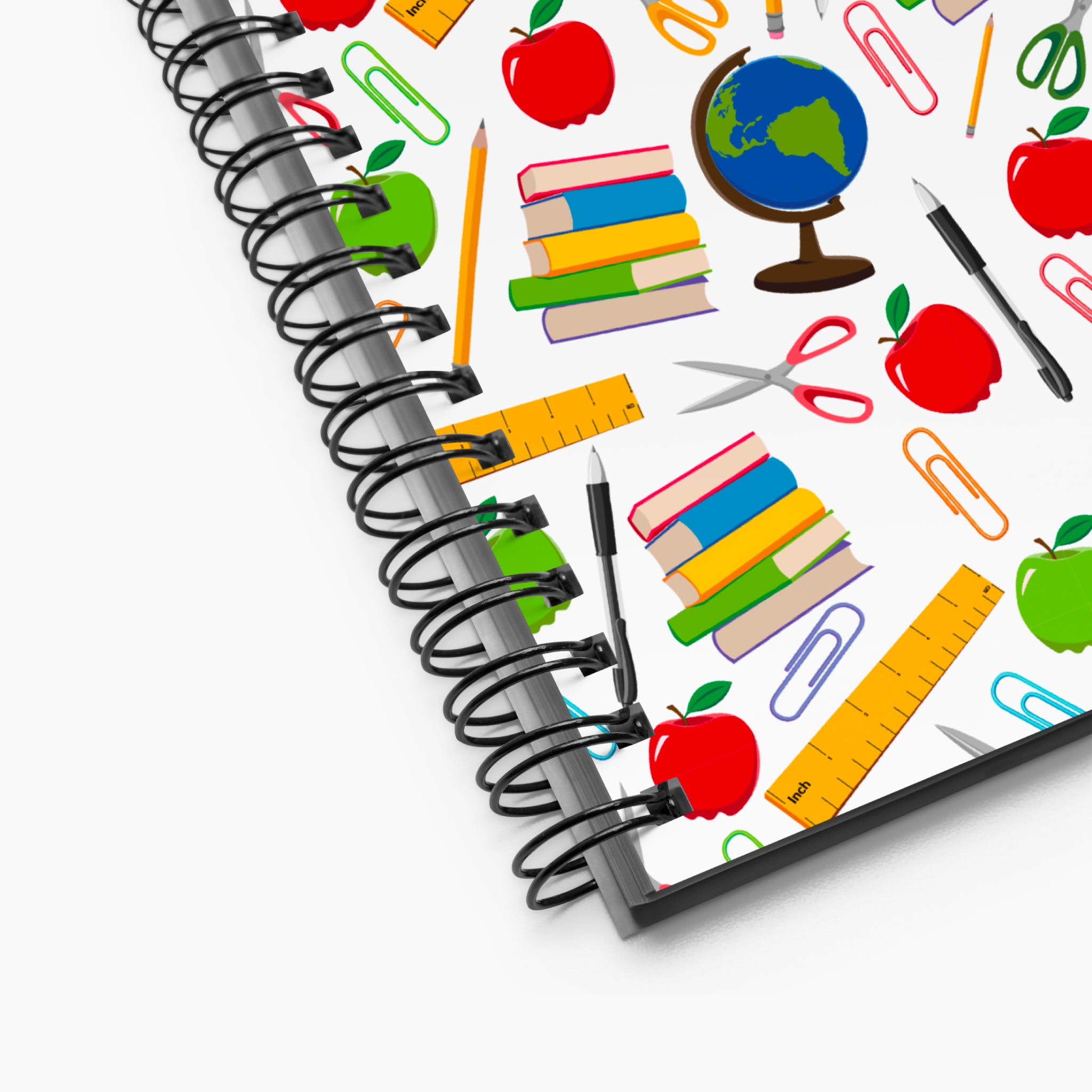 Spiral Notebook exterior, close-up with teacher-themed design on a white background