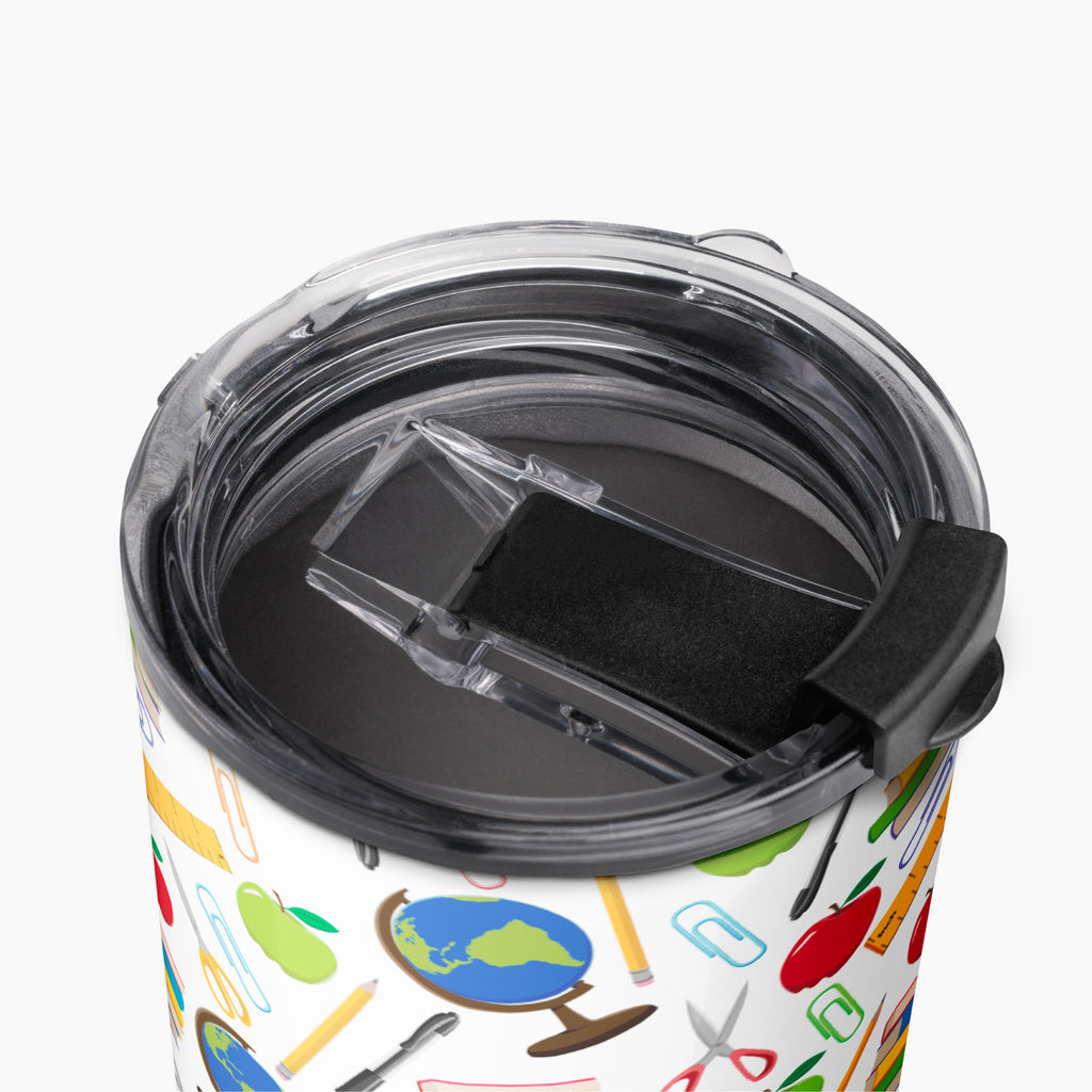 Tumbler with teacher-themed pattern on a white background