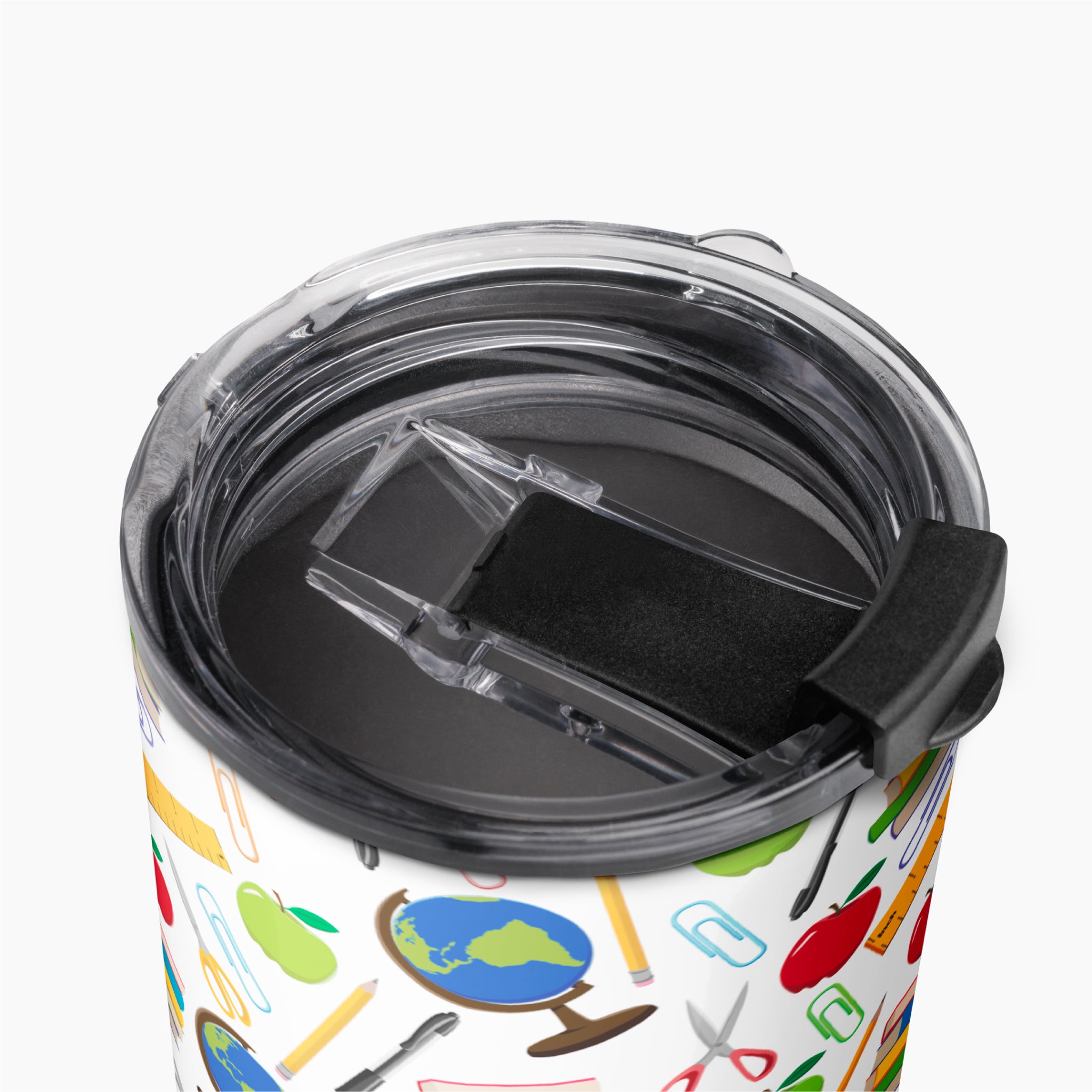 Tumbler with teacher-themed pattern on a white background