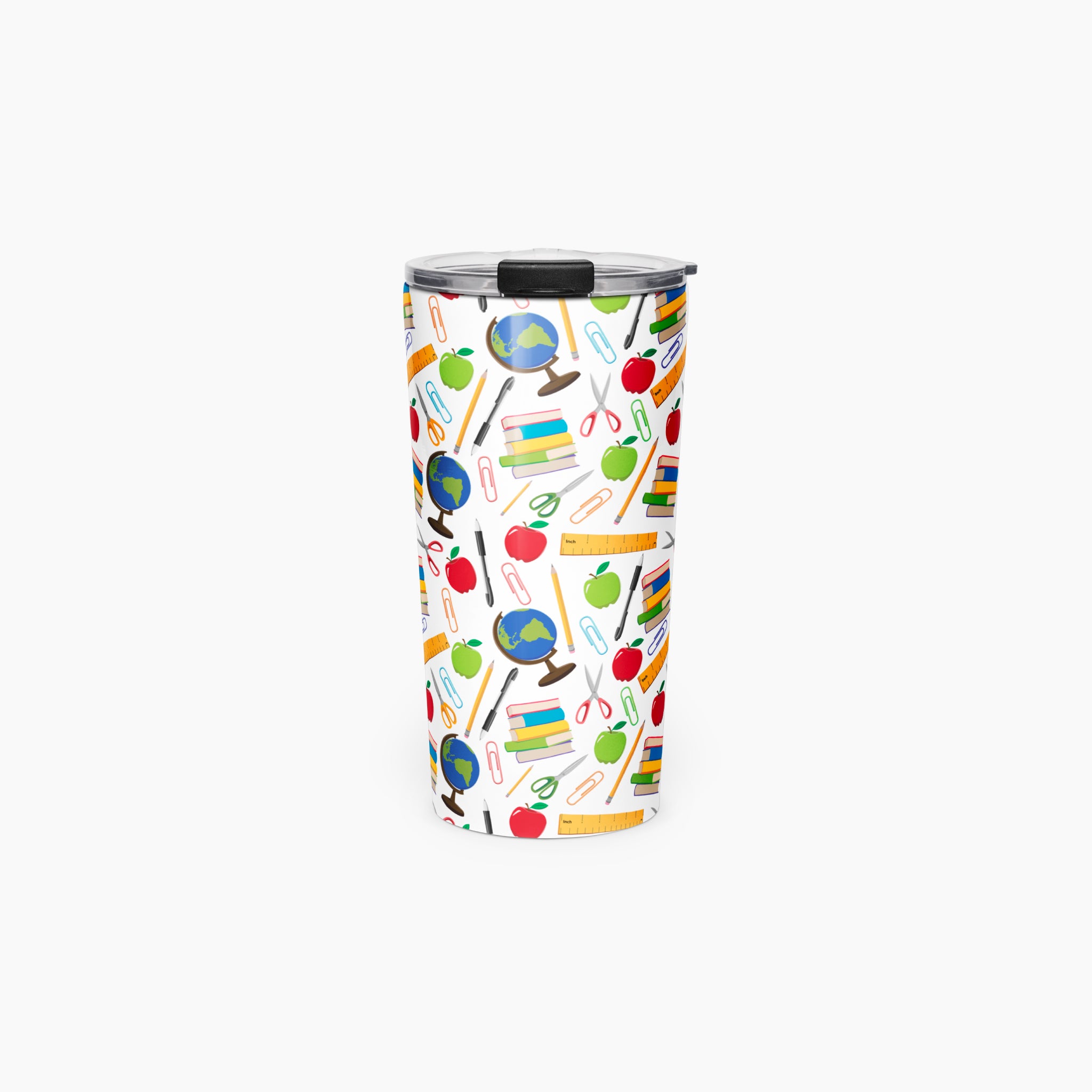 Tumbler with teacher-themed design on a white background