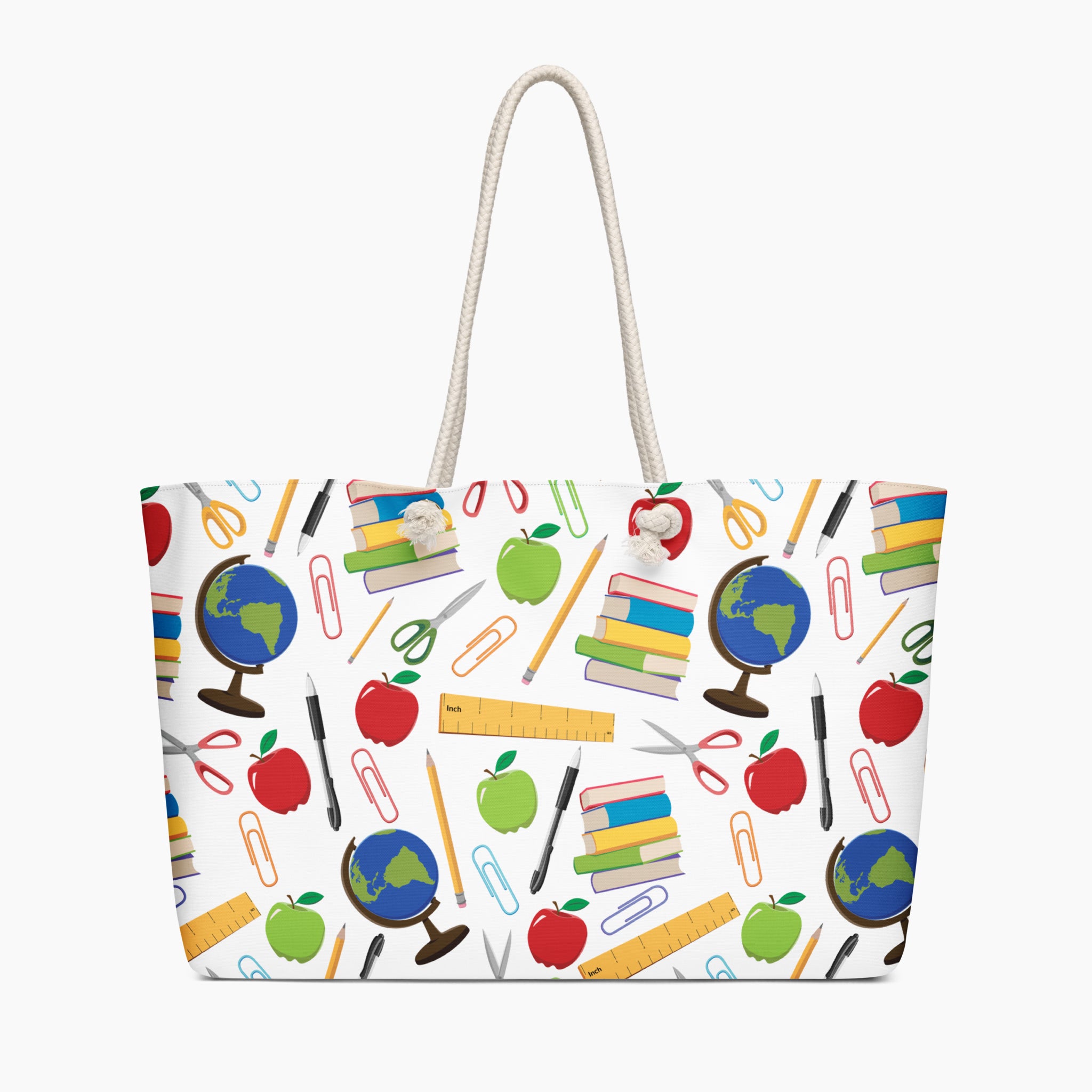 Tote bag with teacher-themed design on a white background