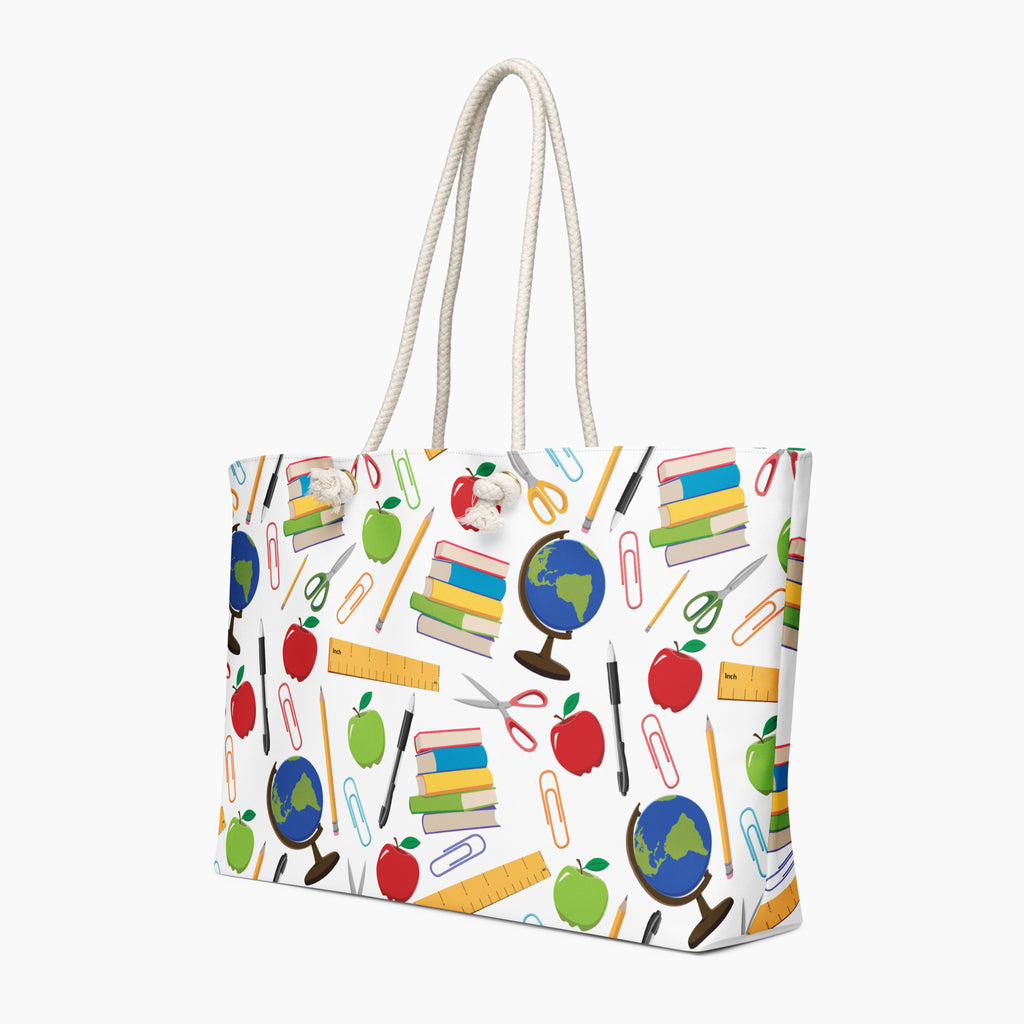 Tote bag with teacher-themed design on a white background