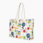 Tote bag with teacher-themed design on a white background