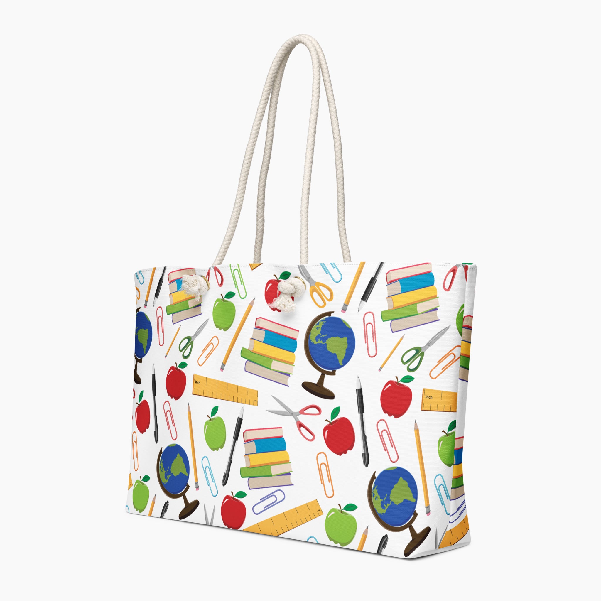 Tote bag with teacher-themed design on a white background