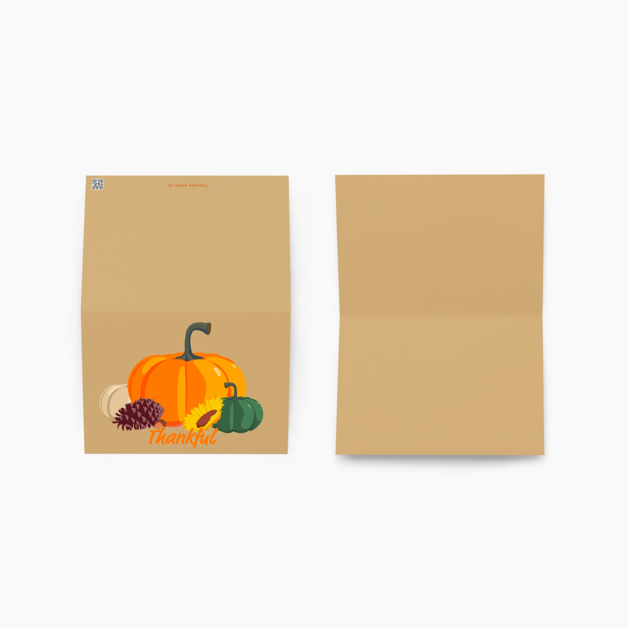 Outside and inside of a greeting card shown on a light gray background. The left side shows the outside with a fall harvest illustration featuring orange and green pumpkins, a sunflower, pinecones, and the word 'Thankful' in orange.