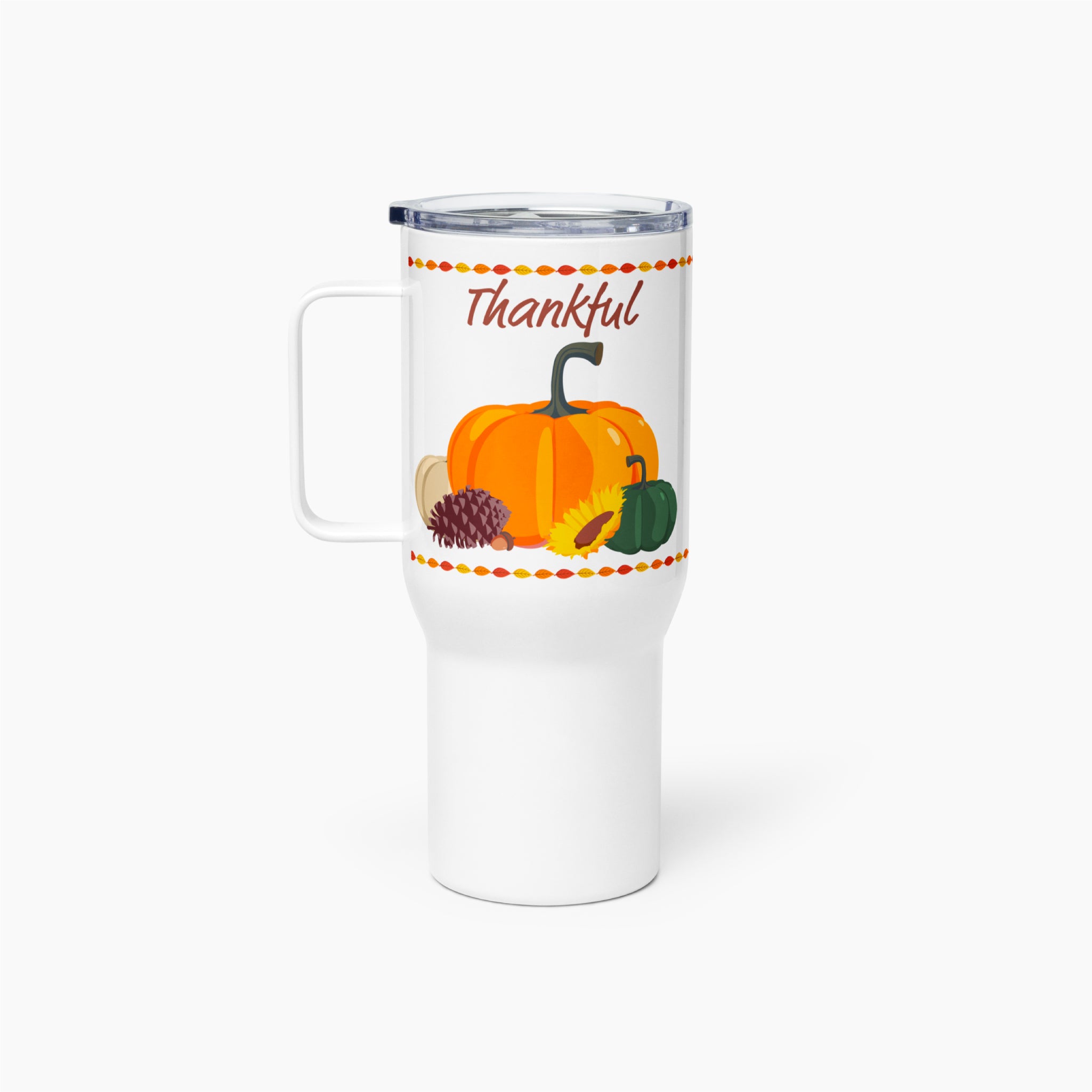 A White insulated travel tumbler with a clear lid and handle, featuring a Thanksgiving autumn graphic with pumpkins, a pinecone, acorns, sunflowers, and the word 'Thankful' in brown script.
