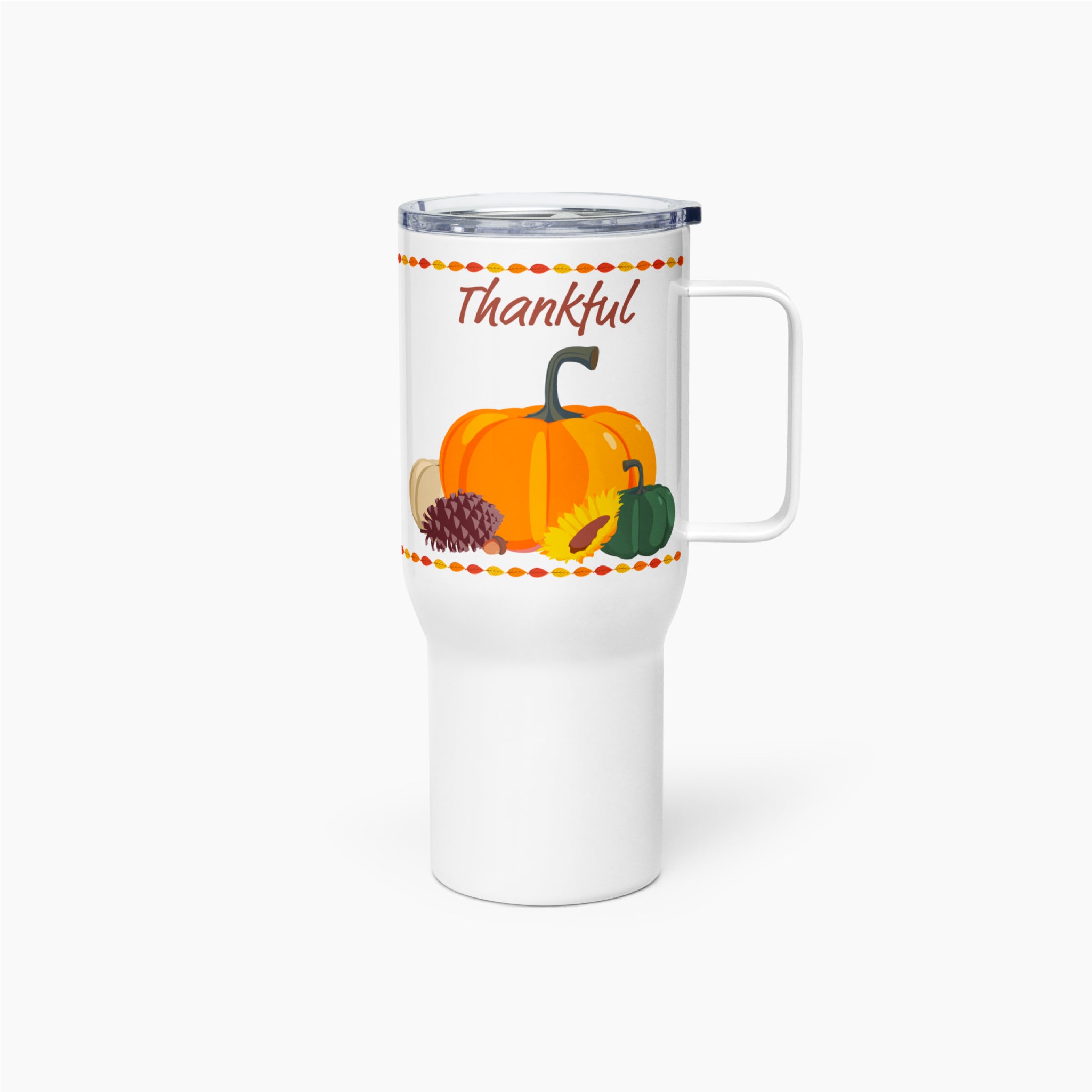 A white insulated travel tumbler with a clear lid and handle, featuring a fall harvest design with the word 'Thankful' above pumpkins, sunflower, and pinecones.