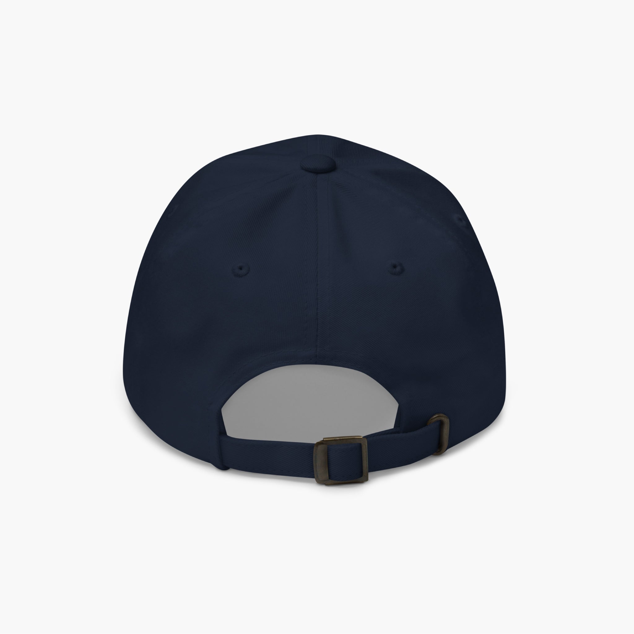 Back of Navy blue cap with adjustable buckle on a white background