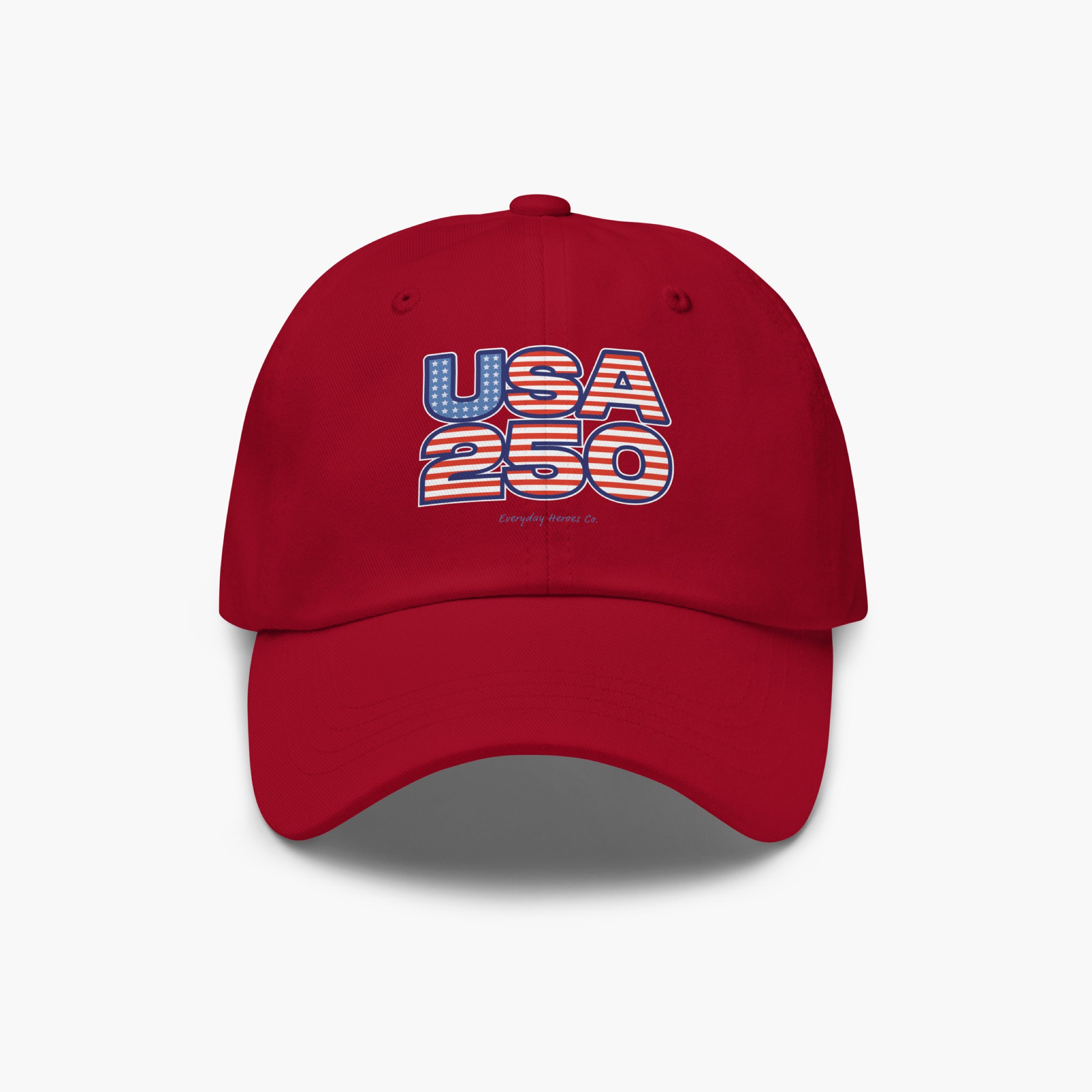 Red cap with 'USA 250' text on a white background