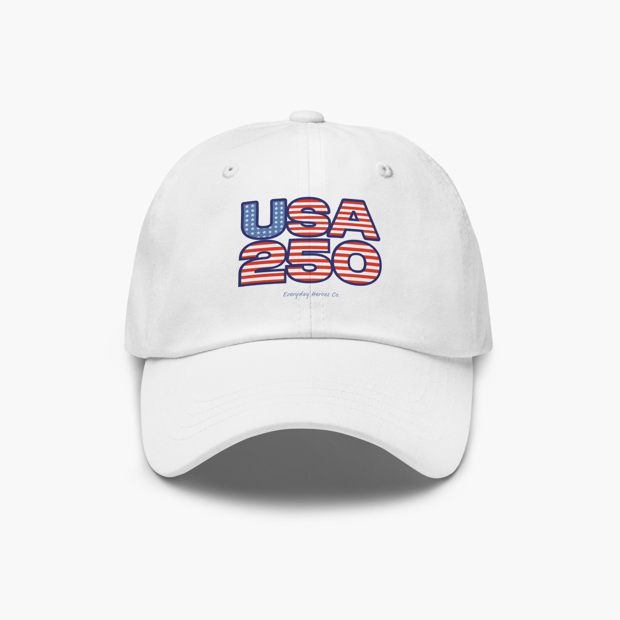 White cap with 'USA 250' text on a white background