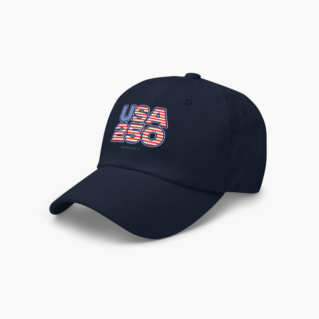 Navy blue cap with 'USA 250' text on a white background