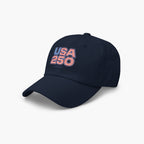 Navy blue cap with 'USA 250' text on a white background