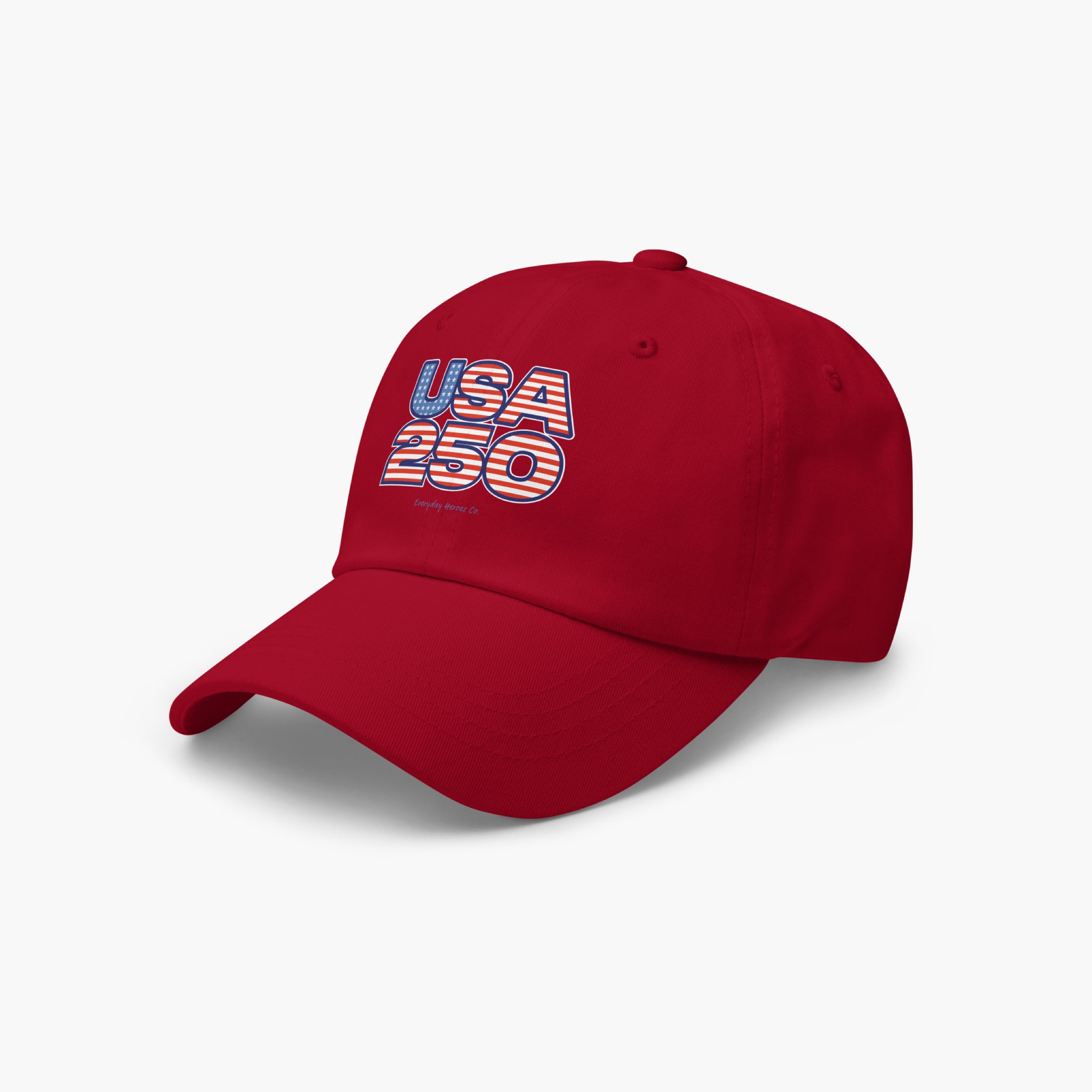 Red cap with 'USA 250' text on a white background