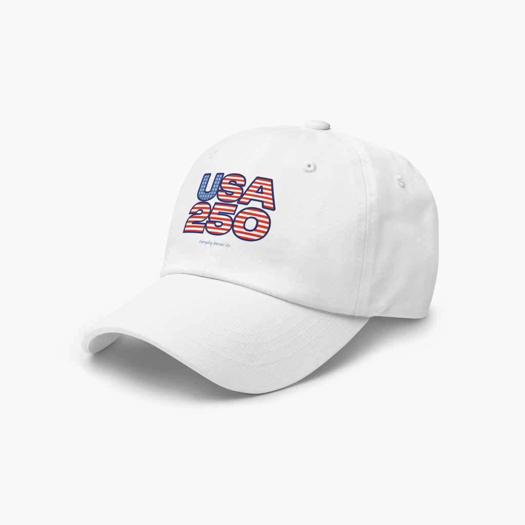 White cap with 'USA 250' text on a white background