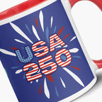 Close-up view of Mug with 'USA 250' design on blue with a white background