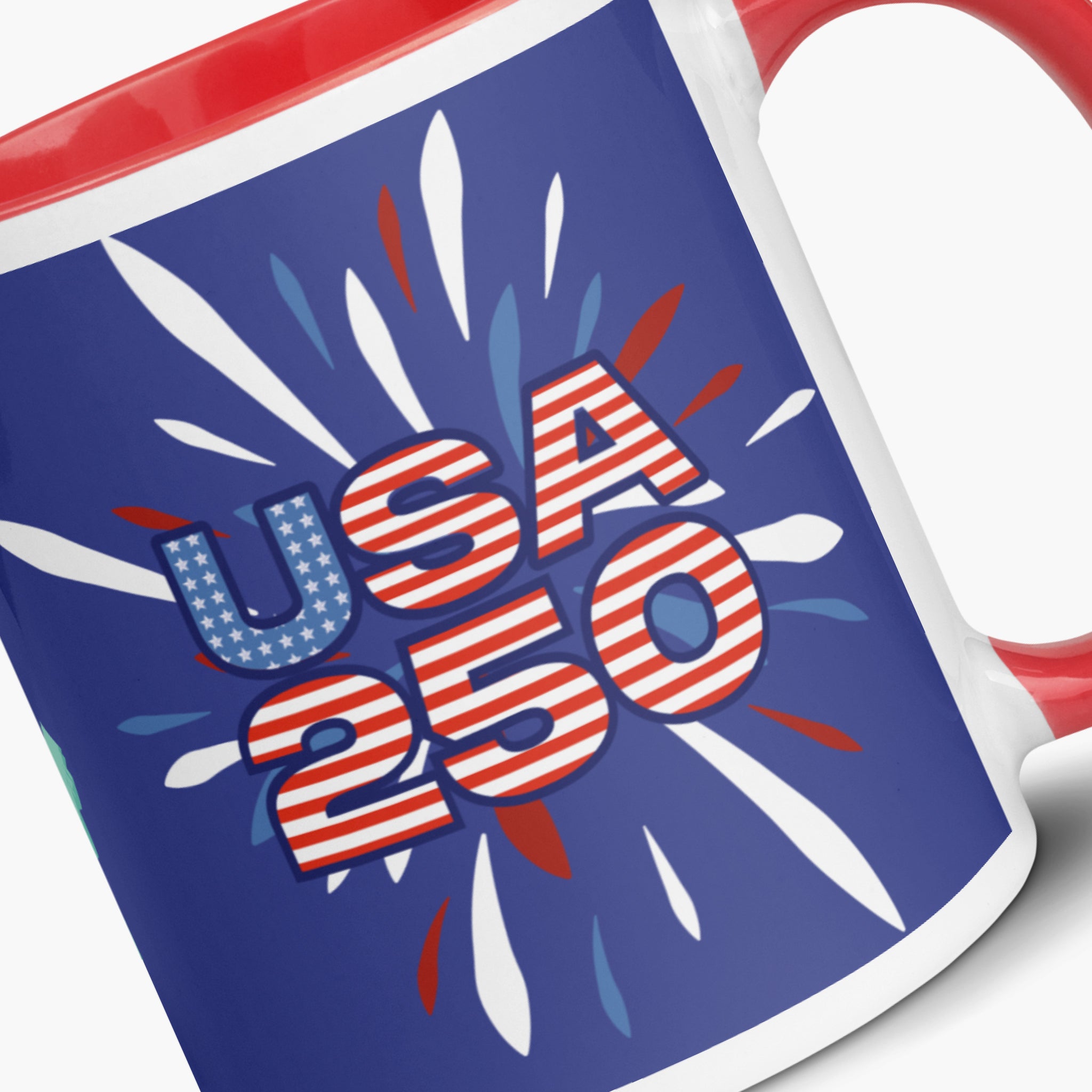 Close-up view of Mug with 'USA 250' design on blue with a white background
