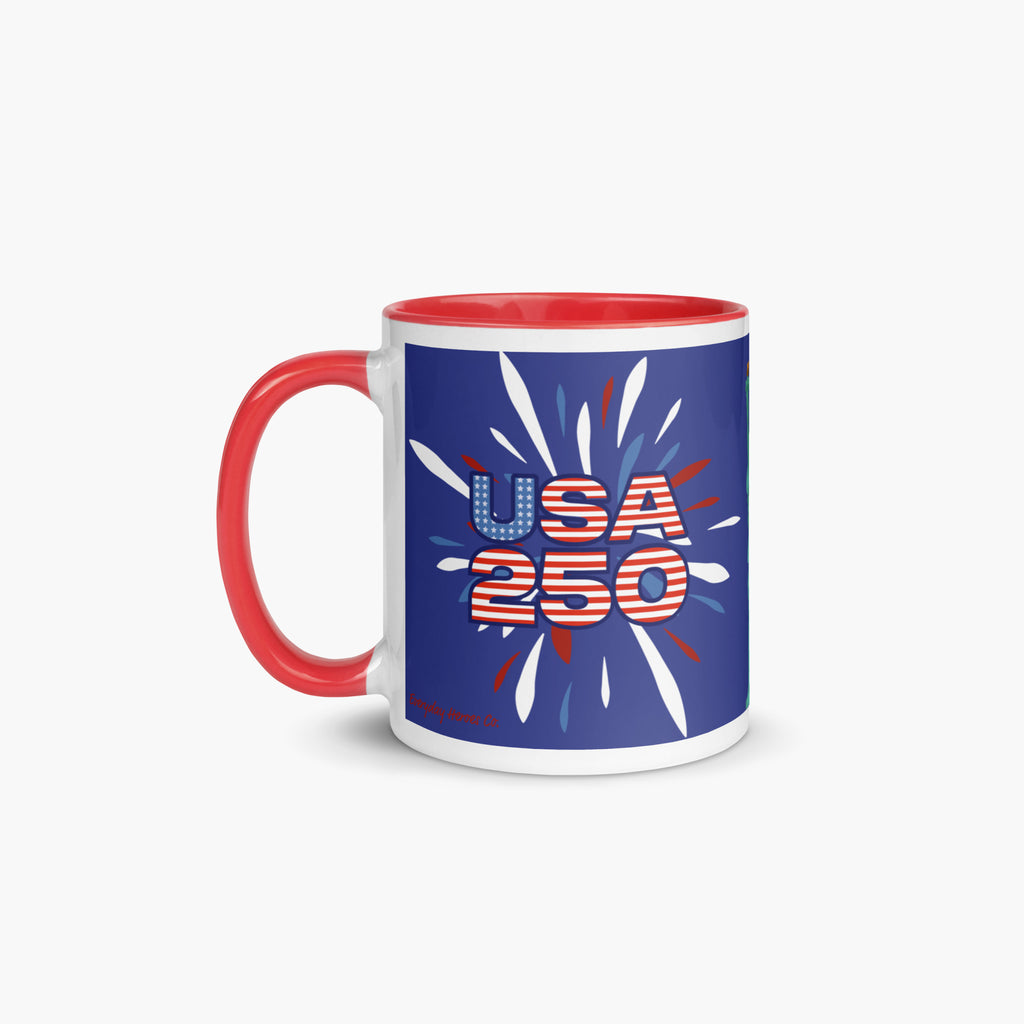 Mug with red handle and blue design featuring 'USA 250' on a white background